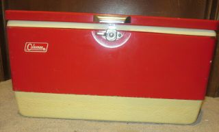 Vintage Smaller Red 1970 Coleman Metal Cooler With Inside Tray