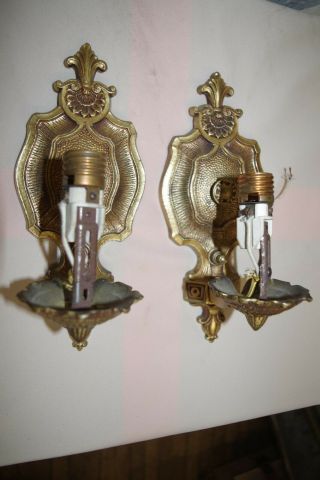 Vintage Pair Ornate Brass Wall Light Sconces Fleur De Lis