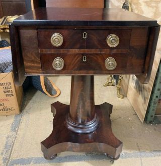 Vintage Wooden Drop Leaf Accent Table On Wheels