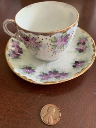 Vintage Demitasse Cup And Saucer With Purple Flowers And Gold Accent
