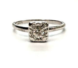Vintage 14k Solid White Gold.  10 Ct Round Diamond Solitaire Engagement Ring Sz 6