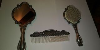Vintage 3 Piece Silver Plated Vanity Set Hand Mirror,  Brush And Comb
