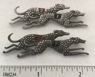 Pair Antique Art Deco Sterling Silver Marcasite Enamel Greyhound Racing Dogs Pin