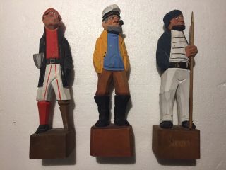 3 Vintage Hand Carved Wooden Fisherman Captain Sailors Nautical Figures