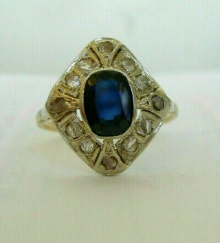 Vintage Art Deco Gold Ring 1920s With Dark Blue Sapphire Rose Cut Diamonds