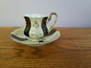 Vintage Hand Painted Teacup And Saucer By Wales China Japan Black Gold Offwhite