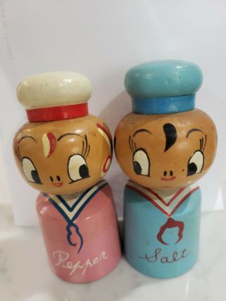 Vintage - Wood Sailor Boy Blue Girl Pink - Salt & Pepper Shaker - Japan 50 