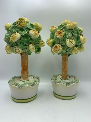Vintage Italian Majolica Yellow Rose Topiary Pr Centerpiece Ceramic Large 13”
