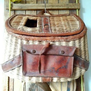 Antique Split Willow Fishing Creel With Snap Front Pouch & Shoulder Harness