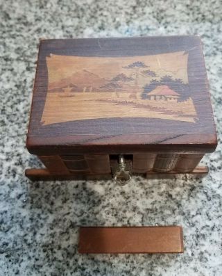 Vintage Japanese Inlaid Wooden Mystery Puzzle Box Mt.  Fuji Hidden Lock Marked