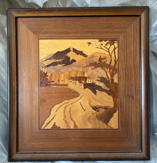 Wooden Marquetry Inlay Alps Village Scene Framed Picture