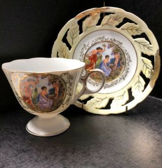Vintage Tea Cup & Saucer Lm Royal Halsey Very Fine Three Women & Child Paint