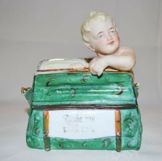 Antique German Bisque Piano Baby Figurine Smiling In Satchel Heubach Rare
