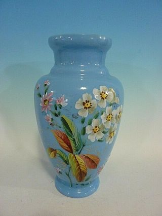 Antique Victorian Bristol Glass Opaline Blue Enameled Floral Painting Vase