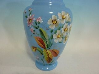 Antique Victorian Bristol Glass Opaline Blue Enameled Floral Painting Vase 2