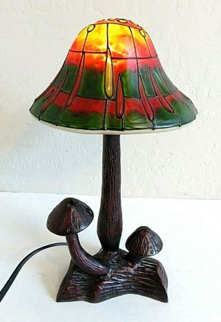 Rare Colorful Vintage Stain Glass Cast Iron Mushroom Night Light Lamp