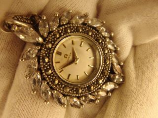2764 Vintage Rare Omega Watch Pendant In Sterling Silver And Clear Stones,  1970
