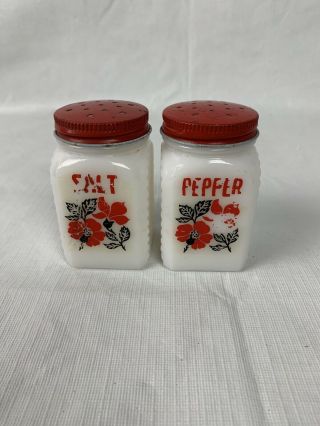 Depression Vintage Milk Glass Salt And Pepper Shakers With Flower & Leaf Print