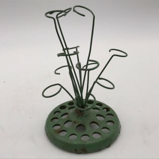 Antique 5 " Cast Iron & Wire Flower Frog Holder Arranger Painted Green Patd Jpo
