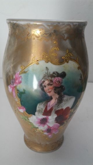 6.  5 " Vintage German Porcelain Floral Vase/painted Victorian Woman