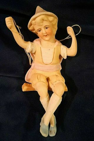 Htf Antique Victorian German Bisque Girl On Swing - Lamp Swinger Or Shade Pull