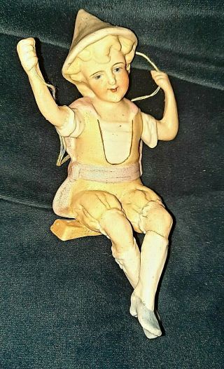 HTF Antique Victorian German Bisque Girl on Swing - Lamp Swinger or Shade Pull 2