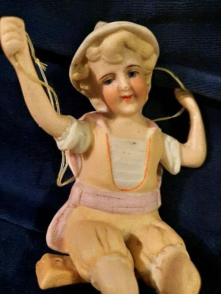 HTF Antique Victorian German Bisque Girl on Swing - Lamp Swinger or Shade Pull 3
