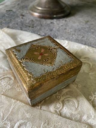 Vintage Italian Petite Florentine Gilt Wooden Box Pale Blue Square Chic