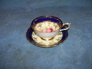 Gold Cobalt Blue Double Warrant Paragon Tea Cup Saucer Cabbage Rose Bouquet A206