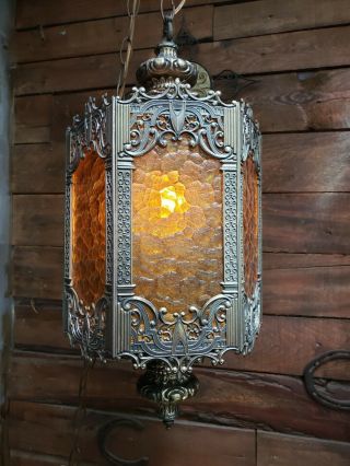 Vtg Hollywood Regency Brass Hanging Mid Century Swag Lamp