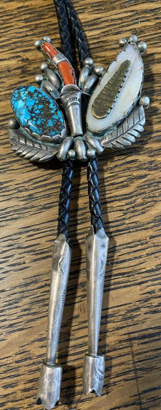 Vtg Old Pawn Navajo Sterling Silver Coral Spiderweb Turquoise Bolo Tie Pendant