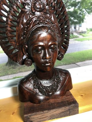 Vintage Indonesian Wood Hand Carved Woman Bust 13” Likely Rose Wood