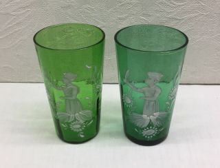 Antique Mary Gregory Green Small Tumblers - 4”,  Hand Painted Girls W/flowers