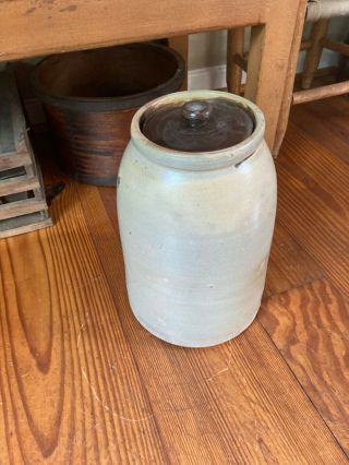 Antique / Vintage Primitive - Tall 11 " Stoneware Crock Jar With Lid - Farmhouse