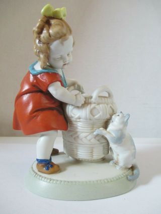 Antique German Bisque Little Girl With Cat And A Basket Figurine