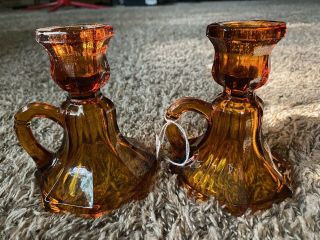 Vintage Set Of Amber Glass Candle Holders With Ring Handles Great For Halloween