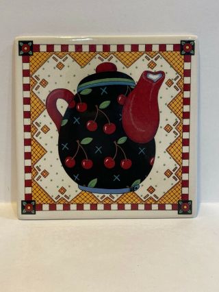 Mary Engelbreit Santa Barbara Ceramic Tile Hanging Plaque Teapot 1994 Vintage