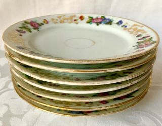 Seven Antique 19th C Paris Porcelain Floral Salad Plates,  Gold Trimmed