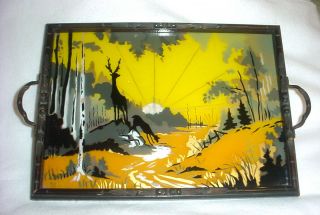 Antique Art Deco Reverse Paint Glass Tray Forest Scene W Deer Carved Wood Frame