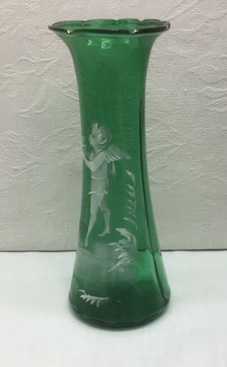 ANTIQUE MARY GREGORY GREEN GLASS VASE - 7” Height,  White Enamel Cherub W/Basket 2