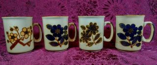 Set/4 Vintage Mid - Century Modern Hand - Painted Floral/flowers Stoneware Mugs