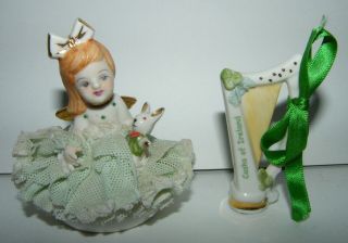 2 Vtg Irish Dresden Porcelain Angel Doll Little Girl Figurine Harp Xmas Ornament