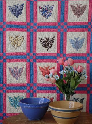 Cheerful Vintage 30s Pink & Blue Applique Feedsack Butterfly Quilt 79x70