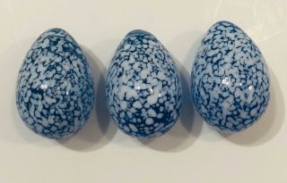 Rare Set Of Three Transparent Egg Shaped Marbles Blue With White Speckles