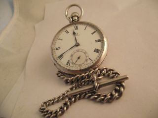 Great Vintage Silver Omega Gents Pocket Watch And Chain.