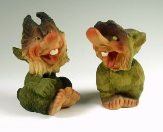 Two Henning Norway Hand Carved Wood Troll Figures,  Vtg Figurine