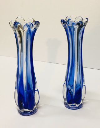 Two Antique Vintage Hand - Blown Glass Cobalt Blue And Clear Glass Vase 8’ Tall