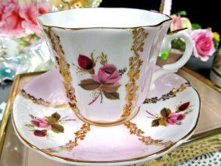 Royal Grafton Tea Cup And Saucer Pink Panels Red Roses Gold Gilt Teacup