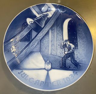 1934 B&g Bing & Grondahl Christmas Plate Jule After Church Bell In Tower Denmark
