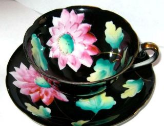 Merit Occupied Japan Pink Dahlia Hand Painted Black Tea Cup And Saucer Set